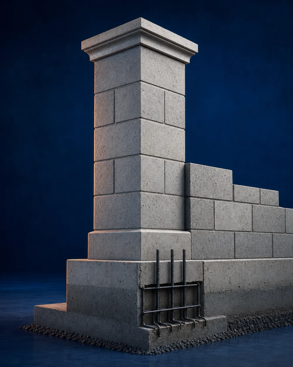 Visualisation conceptuelle d’un pilier maçonné et d’un mur bas résidentiel