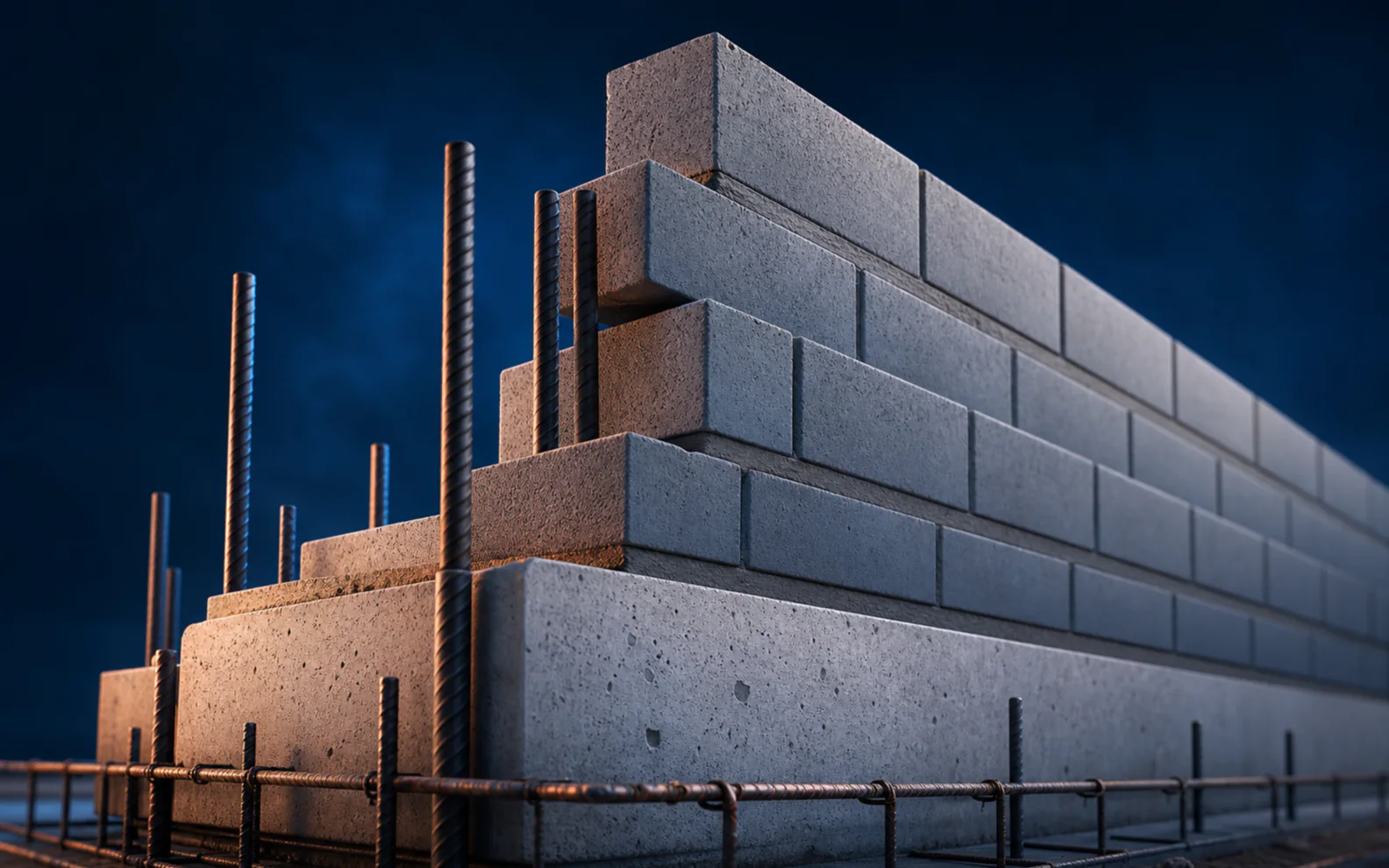Visualisation conceptuelle d’une fondation en béton et d’un mur maçonné en cours d’élévation